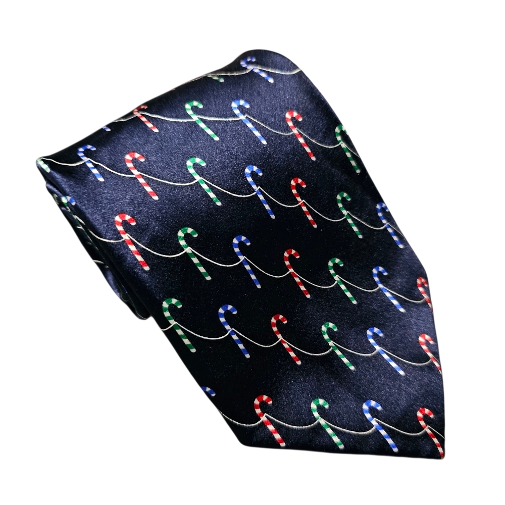 Navy Candy Cane Tie | Red, Green & Blue Canes | 100% Silk | 58”